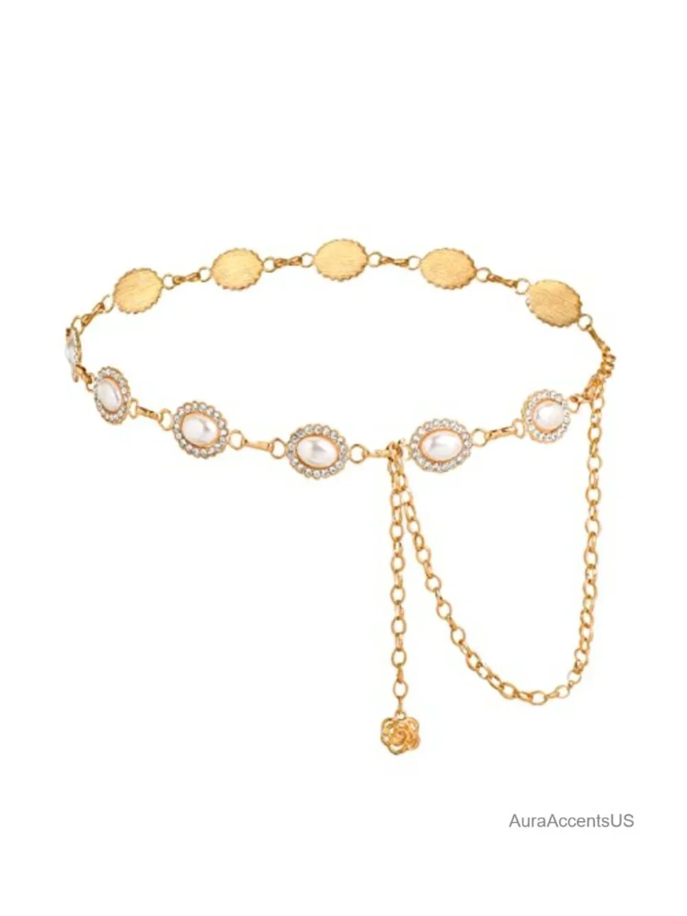 Metal Waist Chain Belt for Women - Pearls Rhinestone Gold Silver Belt for